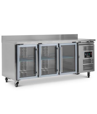 Triple Hinged Glass Door Counter Refrigerator With Upstand 